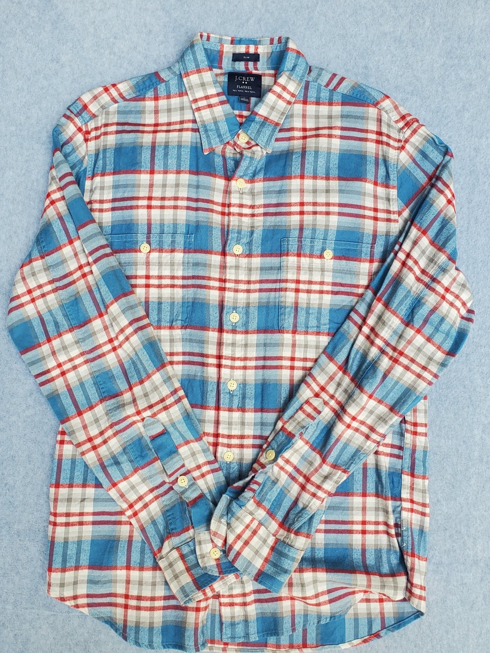 J. Crew Blue and Red Plaid Flannel Shirt - Men's Casual Button-Up